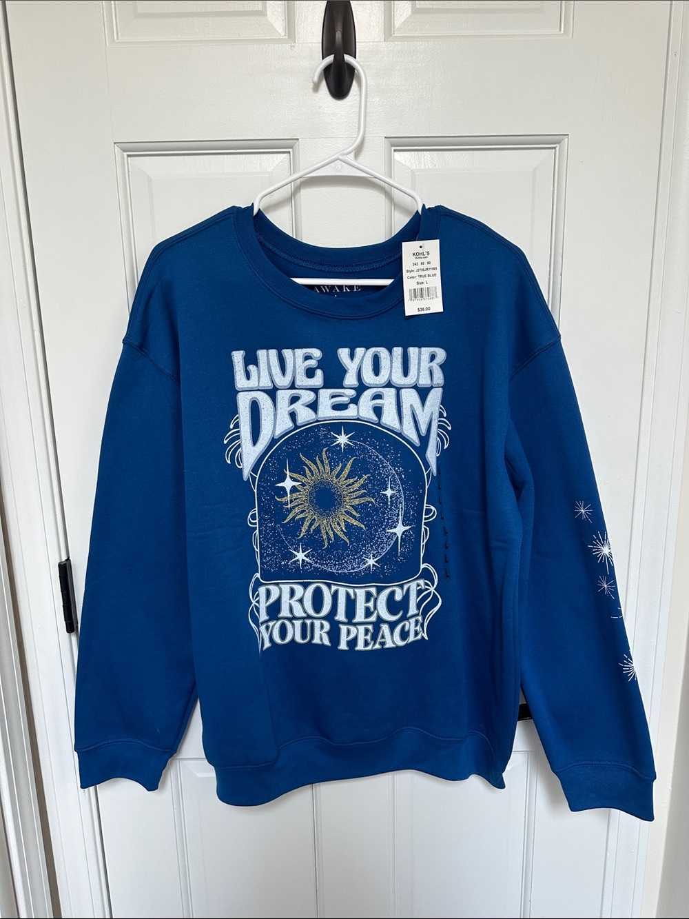 Awake Live Your Dream Protect Your Peace Graphic Sweatshirt Blue L